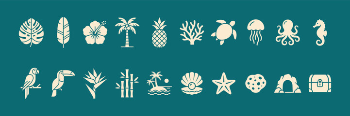 Tropical summer beach holiday flat icon set. Exotic nature plants, animals, seashells and ocean life silhouette vector illustration. © FreelancerHasin