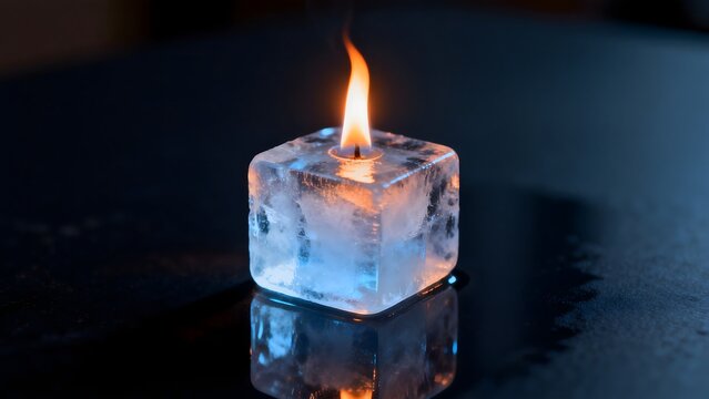 Ice cube with flame burning