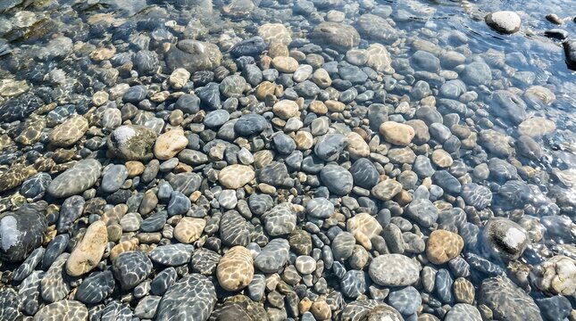 Clear water flowing over smooth river rocks and pebbles natural landscape