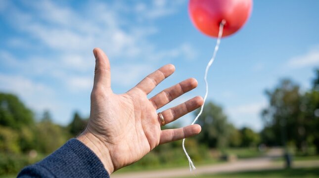 Man's hand reaching for a red balloon floating away against a blue sky with clouds and trees