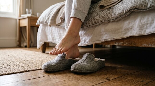 Cozy morning scene with bare feet and slippers next to a bed on a wooden floor with a rug