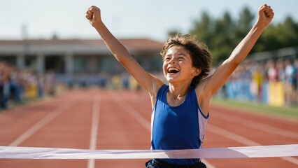 Young boy blue tank top running arms raised smiling crossing finish line outdoor track victory summer sunlight