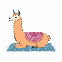 Naklejka premium Cute Cartoon Llama Sitting on a Blanket