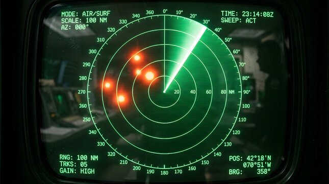 Vintage military radar screen with green phosphor sweep and red targets