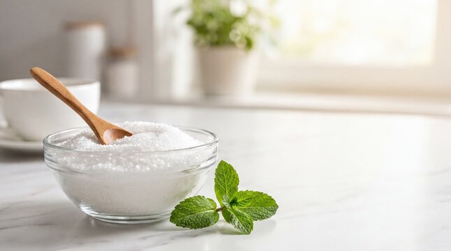White Crystalline Xylitol Sweetener in Glass Bowl with Mint Leaves on Marble Counter