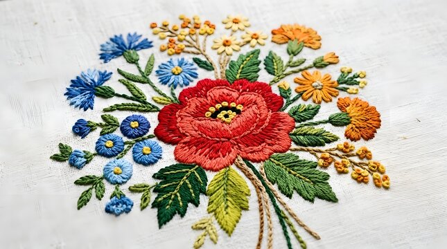 Colorful wildflower embroidery detail on white fabric floral needlework and botanical artistry