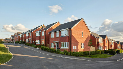 Obraz premium Modern red brick residential family houses situated along a quiet suburban street under bright blue skies
