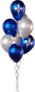 Realistic balloon bouquet in Quebec flag colors isolated on a transparent background. Blue and white balloons for Quebec Day, Saint-Jean-Baptiste Day, patriotic celebrations, festivals, and events.