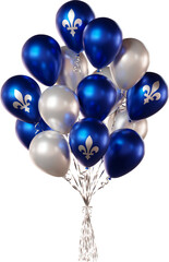 Naklejka na ściany i meble Realistic balloon bouquet in Quebec flag colors isolated on a transparent background. Blue and white balloons for Quebec Day, Saint-Jean-Baptiste Day, patriotic celebrations, festivals, and events.