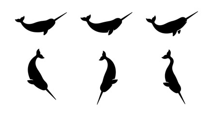 Narwhal Silhouettes Collection, Arctic Marine Mammal Vector Icons, Ocean Wildlife Graphics, Single Color Animal Shapes © Kamruz