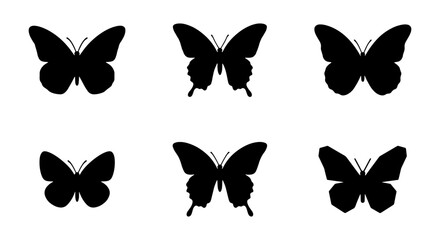 Six Black Butterfly Silhouettes, Vector Icons Set, Insect Wing Shapes for Nature and Design © Nusrat