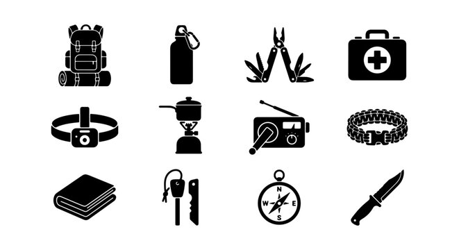 Outdoor Adventure Gear Icons Set, Survival Equipment Collection, Camping Essentials, Hiking Tools, Black and White Vector Graphics