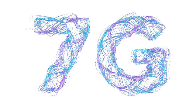 Abstract 7G connection formed from glowing blue and purple particles in motion representing future technology