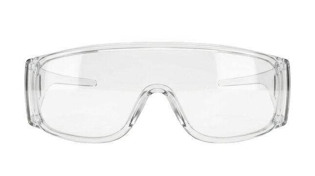 Transparent safety goggles with clear lenses and adjustable frame resting on white surface.