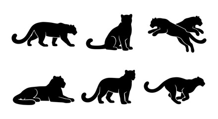 Black Panther Silhouettes, Big Cat Vector Icons, Wild Animal Poses Collection, Elegant Feline Graphics © Nusrat
