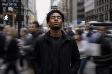 Fototapeta premium Young man standing calm amid busy city street