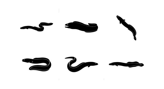 Black Eel Silhouettes, Aquatic Wildlife Vector Icons, Marine Life Graphics, Ocean Creature Illustrations