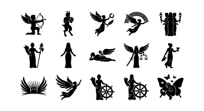 Mythological Figures Vector Icons Set, Angelic Beings & Goddess Silhouettes, Celestial & Divine Symbols Collection
