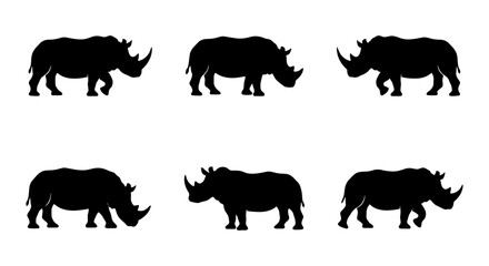Six Black Rhino Silhouettes, African Wildlife Vector Icons, Powerful Animal Graphics, Safari Theme Elements © Abdullah