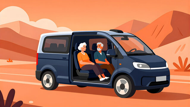 Elderly couple in a blue minivan traveling through a desert landscape flat vector illustration