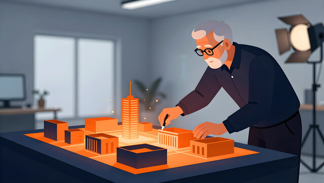 Senior man architect working on a glowing city model in an office illustration