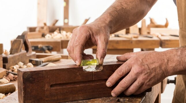 Woodworker checking the alignment of a wooden block with a small green bubble level