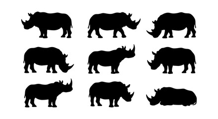 Rhino Silhouettes Collection, African Wildlife Vector Icons, Majestic Mammal Graphic Elements, Powerful Animal Set © Mitu