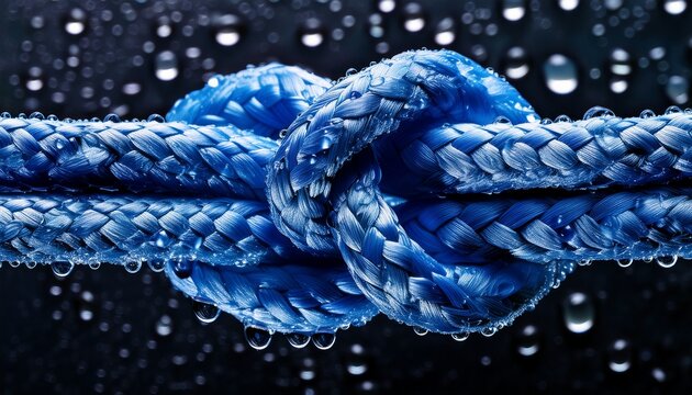 a vivid image capturing a blue rope knot with water droplets evoking strength connection and resilience