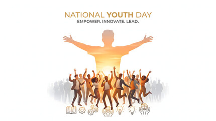 Fototapeta premium Diverse youth celebrating together on Happy Youth Day, teamwork, inclusion, equality, and global community concept