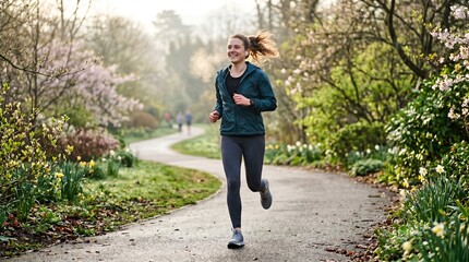 Fototapeta premium Young woman running on a winding park path surrounded by blooming trees and flowers during a crisp spring morning