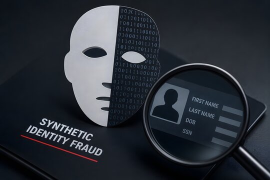 Concept of synthetic identity fraud using a mask, binary code, and magnifying glass examining a data card.