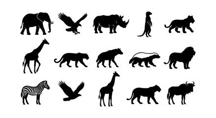 African Wildlife Silhouettes, Safari Animals Vector Icons, Zoo Creatures Collection, Nature Fauna Graphics © Farhana