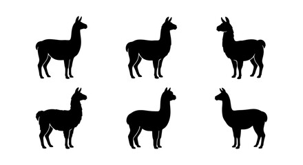 Six Black Llama Silhouettes, Minimalist Animal Icons, South American Camelid Vector Graphics, Simple Farm Mammal Art © Farhana