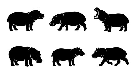 Hippopotamus Vector Silhouettes Collection, African Wildlife Icons, Six Black Animal Poses, Safari Zoo Mammal Graphics © Farhana