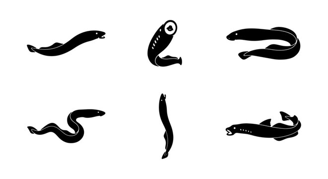 Set of Six Black Eel Vector Illustrations, Marine Life Icons, Aquatic Creatures, Underwater Wildlife, Simple Silhouette Design