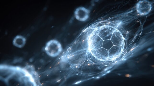 Concept of global football media ecosystem with broadcast hubs linked by bright data streams in a futuristic communication layout
