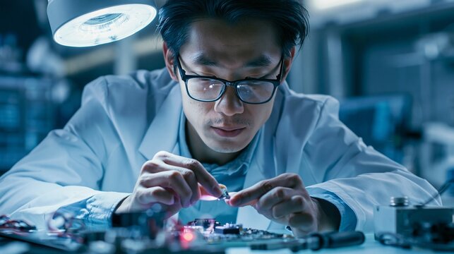 Focused shot of young engineer inspecting AI chip under bright lab light with blurred advanced electronics and tools in the background emphasizing precision and innovative