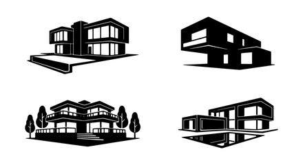 Fototapeta premium Modern House Silhouettes, Contemporary Architecture Collection, Luxury Home Designs, Minimalist Building Icons