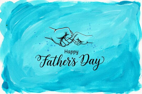 Happy Father's Day greeting card on blue watercolor background, father and child pinky swear line art, artistic dad celebration banner.