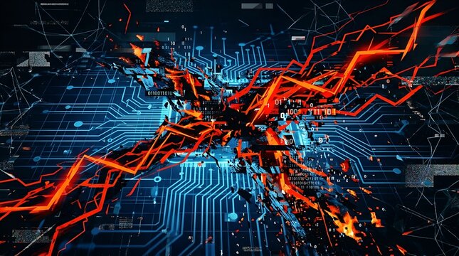 Glitch art representation of a digital network security breach with red and orange lines