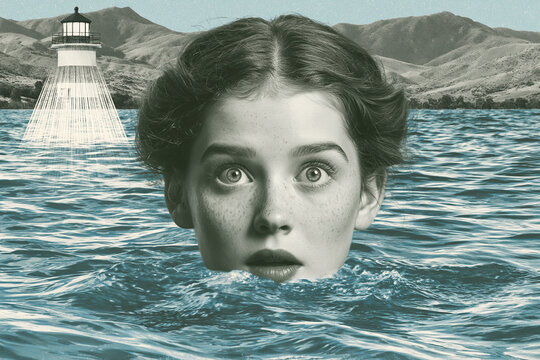Puzzled girl emerges from serene waters under a distant lighthouse