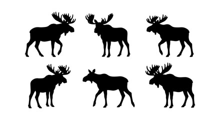 Fototapeta premium Six Black Moose Silhouettes, Wildlife Animal Icons, Forest Mammal Vector Graphics, Nature Design Elements