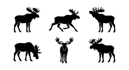 Fototapeta premium Moose Silhouette Vector Icons Set, Wildlife Animal Graphics, Forest Creature Illustrations, Nature Elements Collection