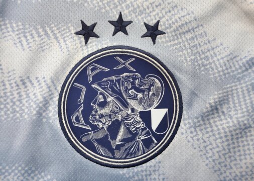 Photo of the embroidered emblem of Amsterdamsche Football Club Ajax on the 2026&ndash;2027 third kit. AFC Ajax is a Dutch professional football club based in Amsterdam.