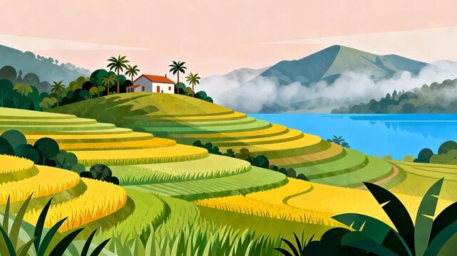 Terraced fields with house and mountains