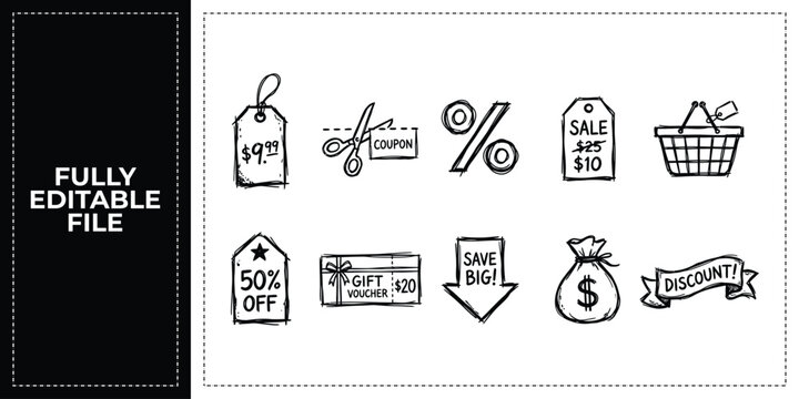 Black ink scribble sale price and shopping discount icon bundle set featuring hand drawn doodle sketch vector illustrations for retail market and ecommerce promotion design.