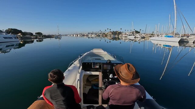 Small boat making way through glass smooth harbor.