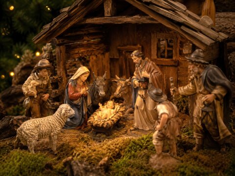 Traditionelle Weihnachtskrippe in &Ouml;sterreich &ndash; Alpenl&auml;ndische Krippenszene mit Figuren, Stall, Moos und warmem Licht.