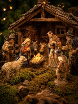 Traditionelle Weihnachtskrippe in &Ouml;sterreich &ndash; Alpenl&auml;ndische Krippenszene mit Figuren, Stall, Moos und warmem Licht.