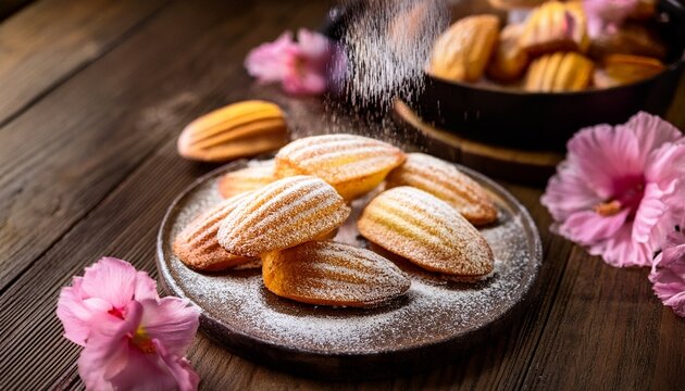 sweet delectable madeleines dusting of powdered sugar rustic wooden table and delicate pink flowers